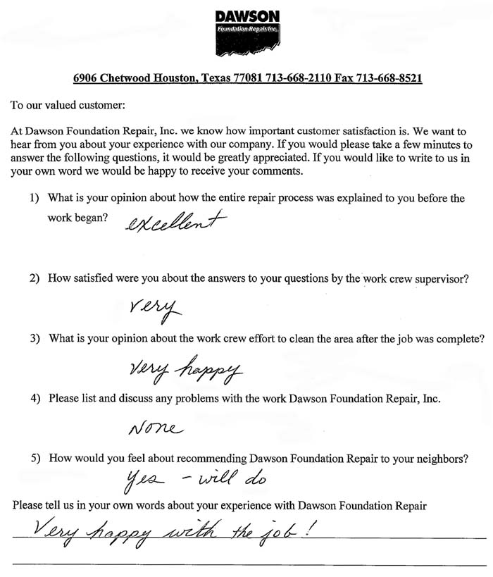 testimonial letter #300 for Dawson Foundation Repair