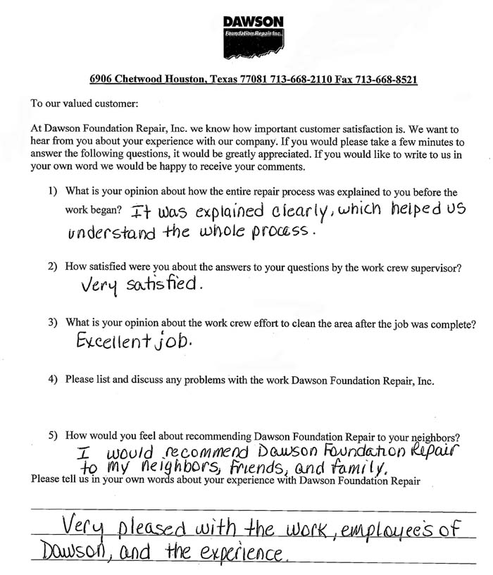 testimonial letter #301 for Dawson Foundation Repair