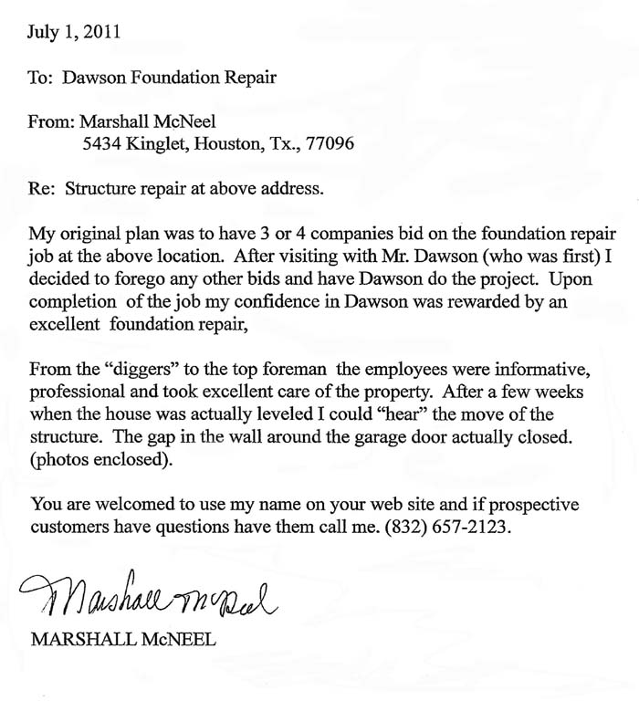testimonial letter #302 for Dawson Foundation Repair