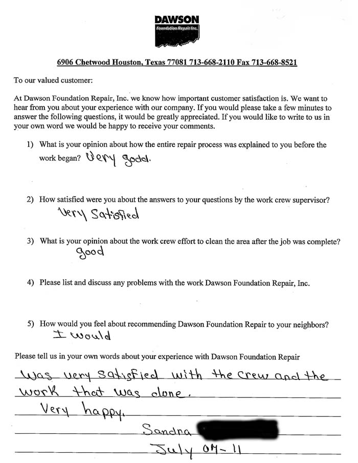testimonial letter #303 for Dawson Foundation Repair