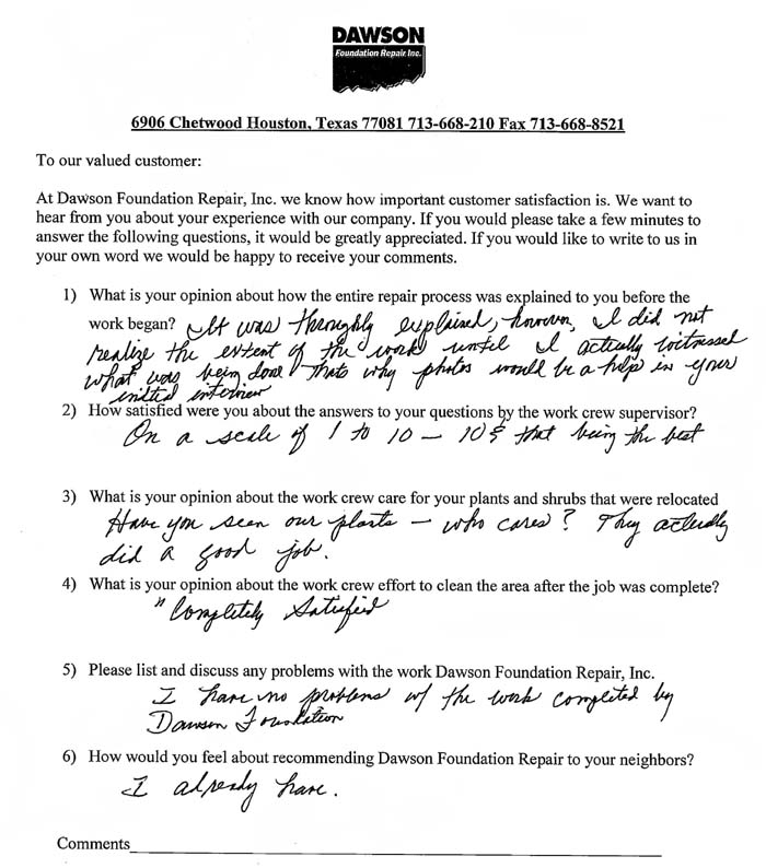 testimonial letter #304 for Dawson Foundation Repair