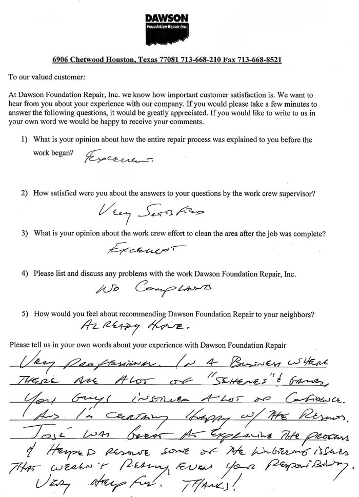 testimonial letter #305 in Sugar Land for Dawson Foundation Repair