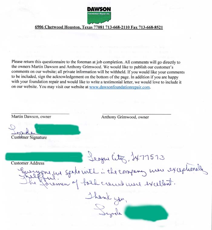 testimonial letter #306b in Houston for Dawson Foundation Repair