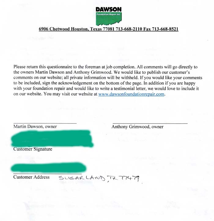 testimonial letter #307b in Sugar Land, Texas for Dawson Foundation Repair