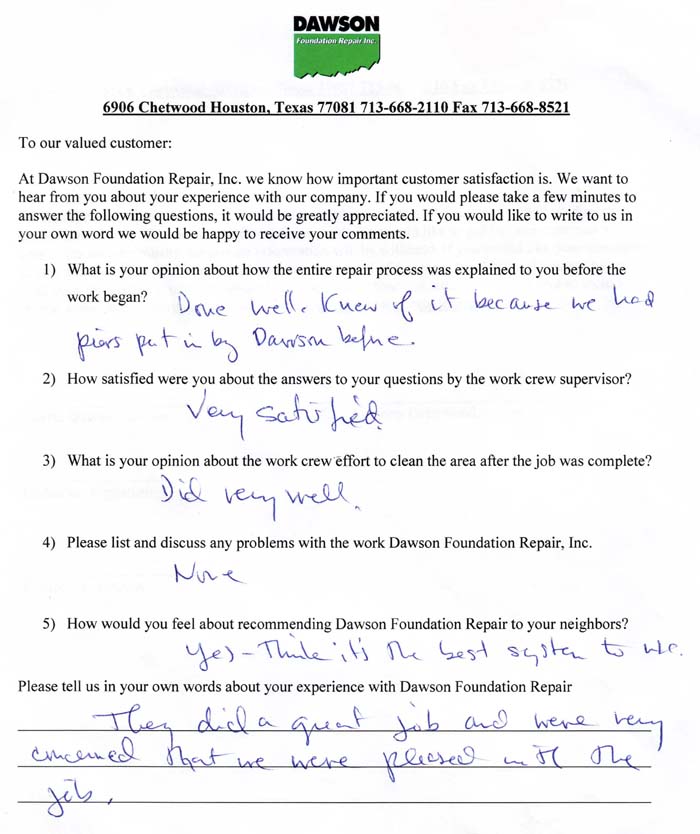 testimonial letter #308 for Dawson Foundation Repair
