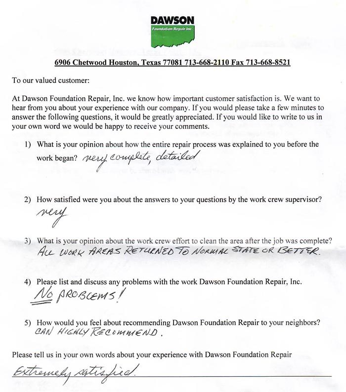 testimonial letter #311 for Dawson Foundation Repair