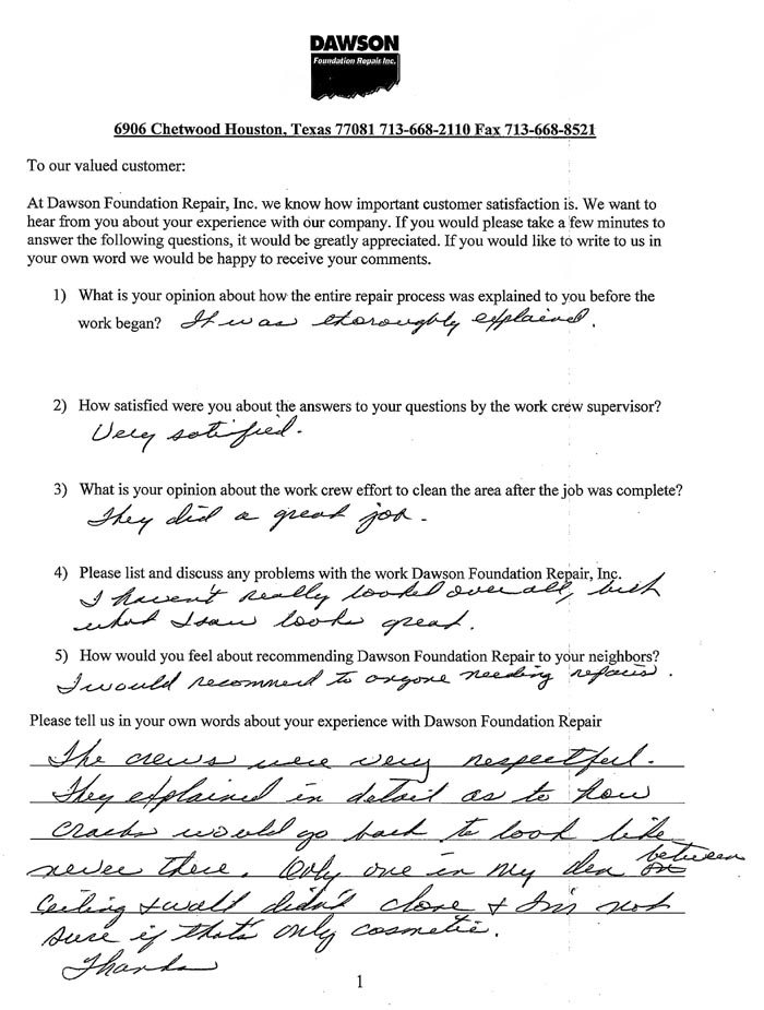 testimonial letter #315 in Dallas for Dawson Foundation Repair