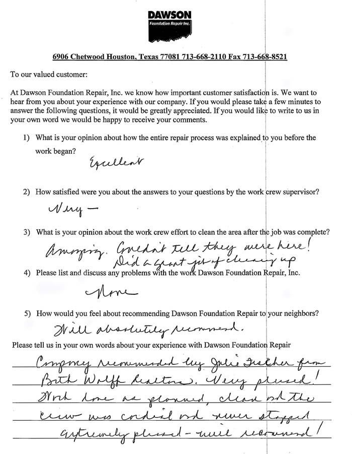 Houston testimonial letter #316 for Dawson Foundation Repair