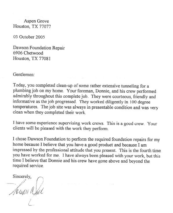 testimonial letter #32 for Dawson Foundation Repair