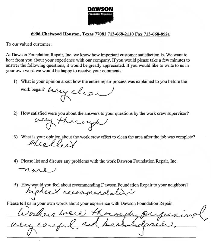 testimonial letter #323 in Houston for Dawson Foundation Repair