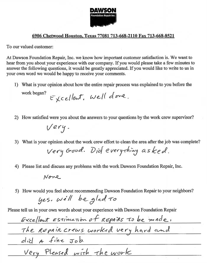 testimonial letter #324 in Houston for Dawson Foundation Repair