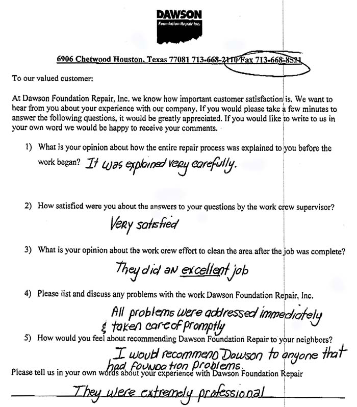 testimonial letter #325 in San Antonio, Texas for Dawson Foundation Repair