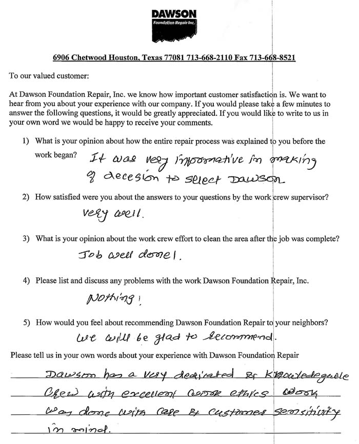 testimonial letter #327 in Dallas for Dawson Foundation Repair