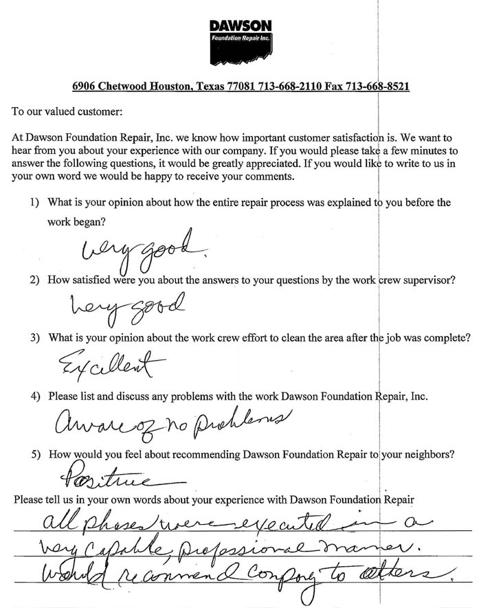 testimonial letter #329 in Austin for Dawson Foundation Repair