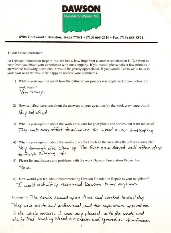 testimonial letter #33 for Dawson Foundation Repair