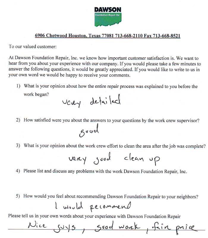 testimonial letter #330 in Houston for Dawson Foundation Repair