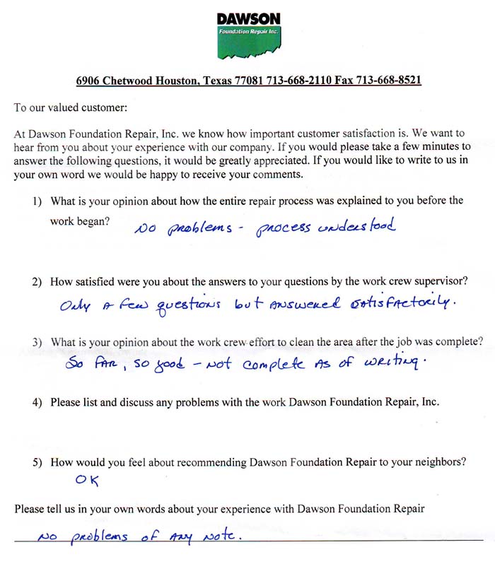 testimonial letter #337 in Sugar Land for Dawson Foundation Repair