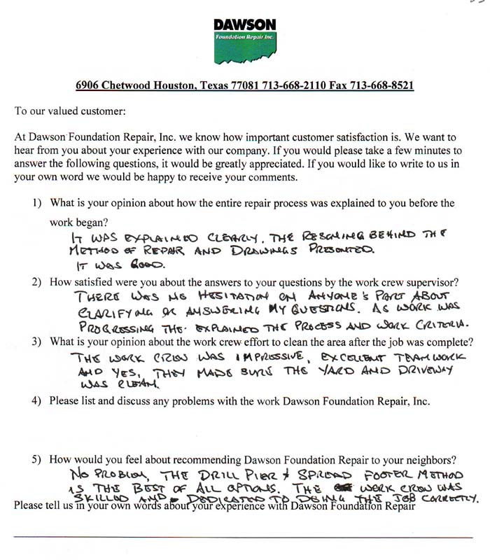testimonial letter #339 in Houston for Dawson Foundation Repair