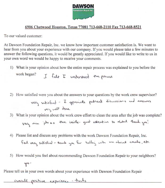 testimonial letter #343 in Houston for Dawson Foundation Repair