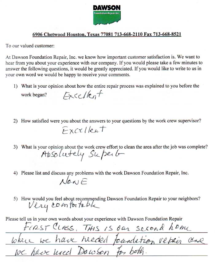 testimonial letter #345 in Houston for Dawson Foundation Repair