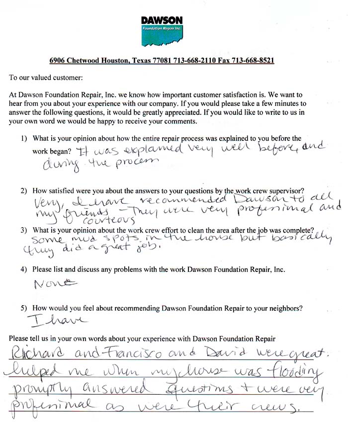 testimonial letter #349 in Houston for Dawson Foundation Repair