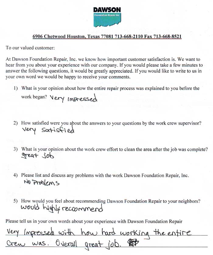 testimonial letter #351 in Austin for Dawson Foundation Repair