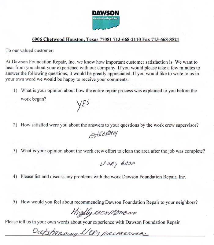 testimonial letter #354 in Austin for Dawson Foundation Repair