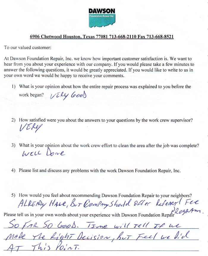 testimonial letter #355 in Houston for Dawson Foundation Repair