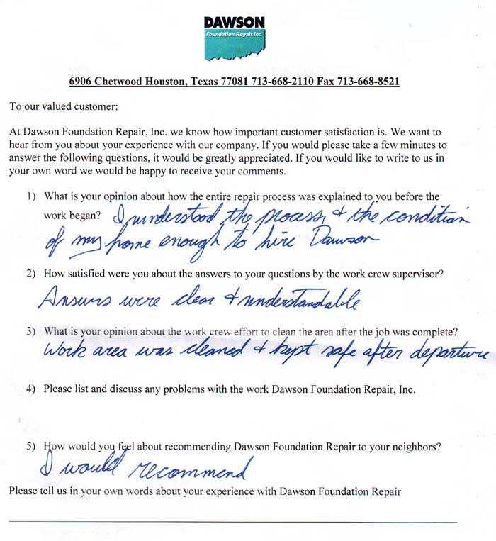 testimonial letter #356 in Austin for Dawson Foundation Repair