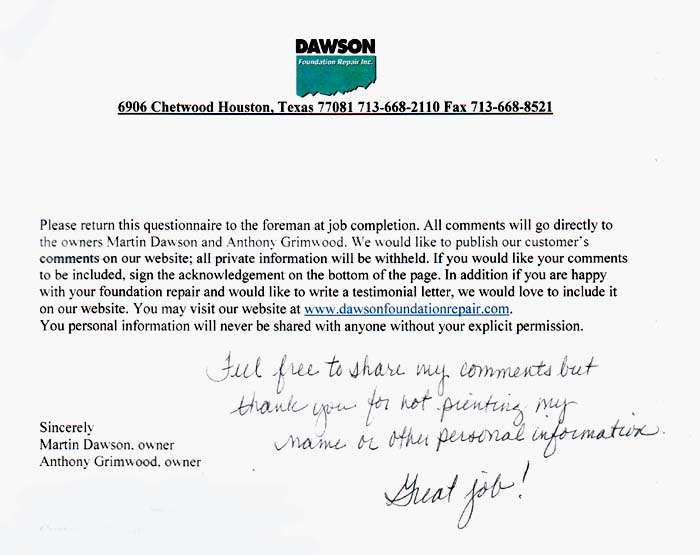 testimonial letter #361 in Sugar Land for Dawson Foundation Repair