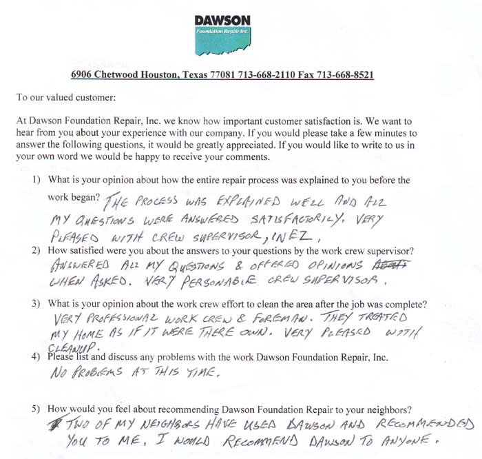 testimonial letter #363 in Sugar Land for Dawson Foundation Repair
