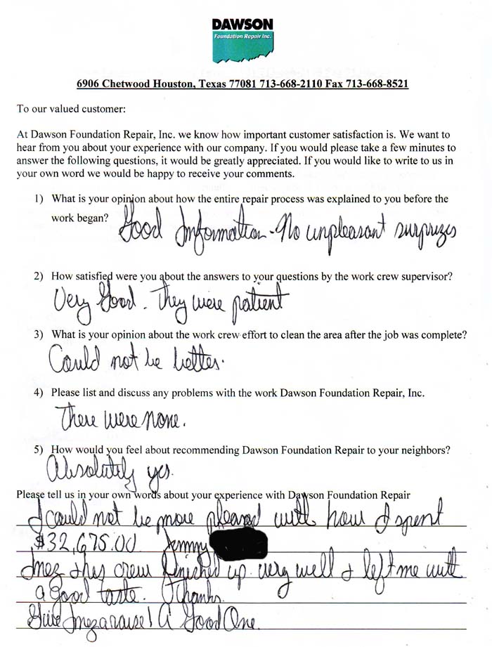 testimonial letter #364 in College Station / Bryan for Dawson Foundation Repair