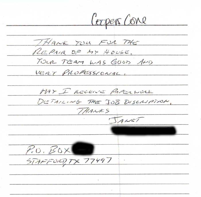 testimonial letter #368 in Houston for Dawson Foundation Repair