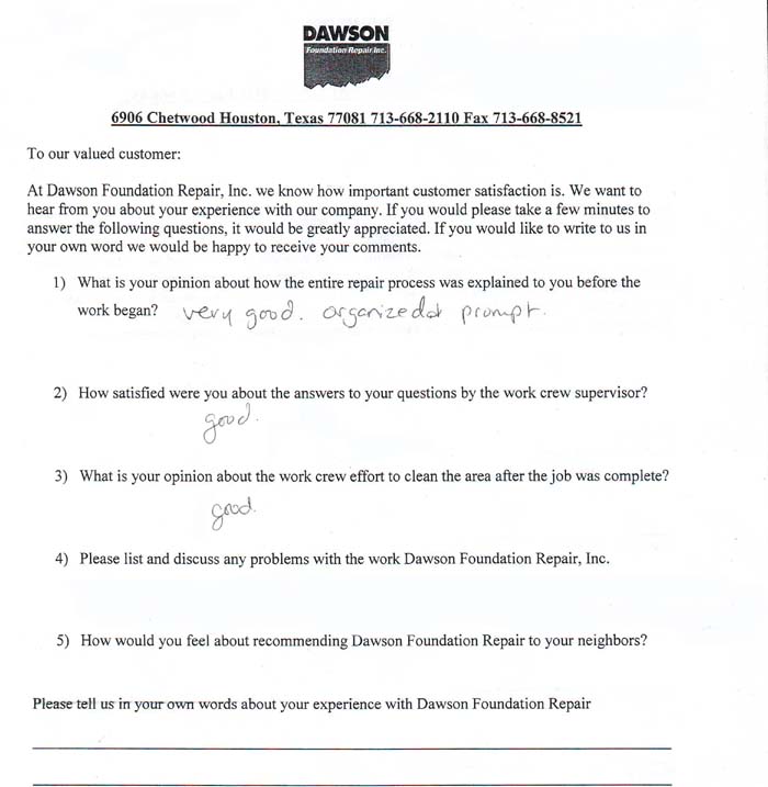 testimonial letter #369 in Houston for Dawson Foundation Repair