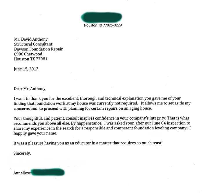 testimonial letter #371 in Houston for Dawson Foundation Repair