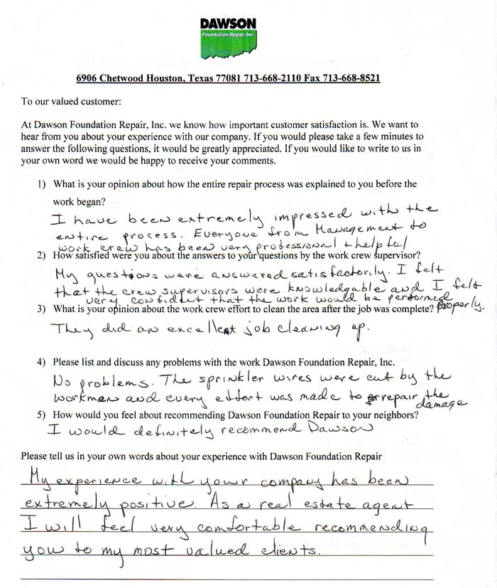 testimonial letter #373 in Houston for Dawson Foundation Repair