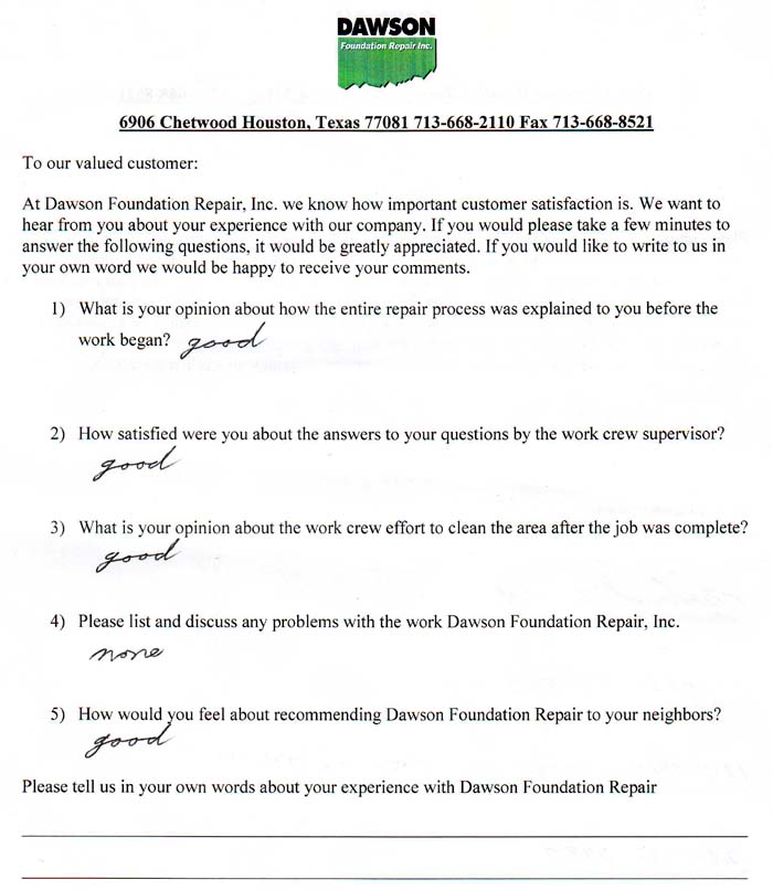 testimonial letter #374 in Houston for Dawson Foundation Repair