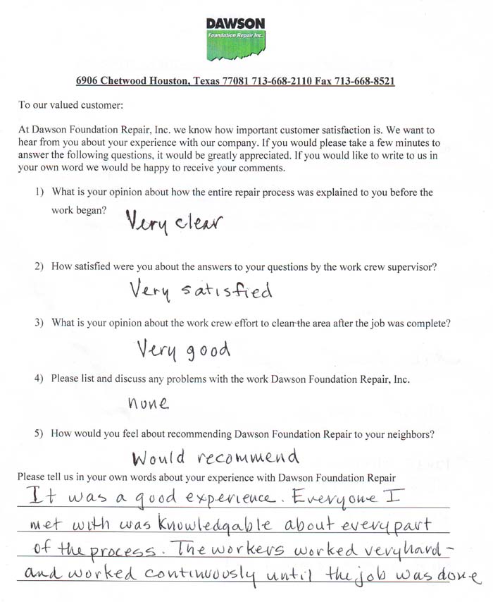 testimonial letter #376 in Houston for Dawson Foundation Repair