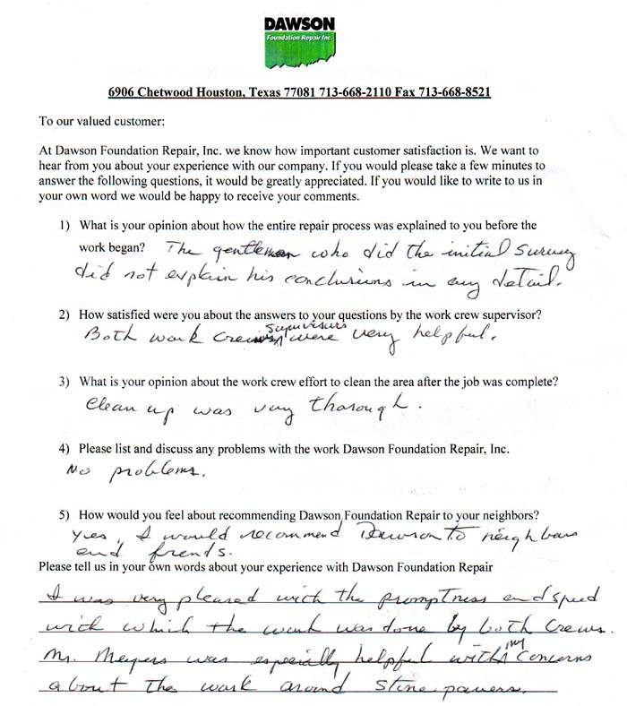 testimonial letter #389 in Houston for Dawson Foundation Repair