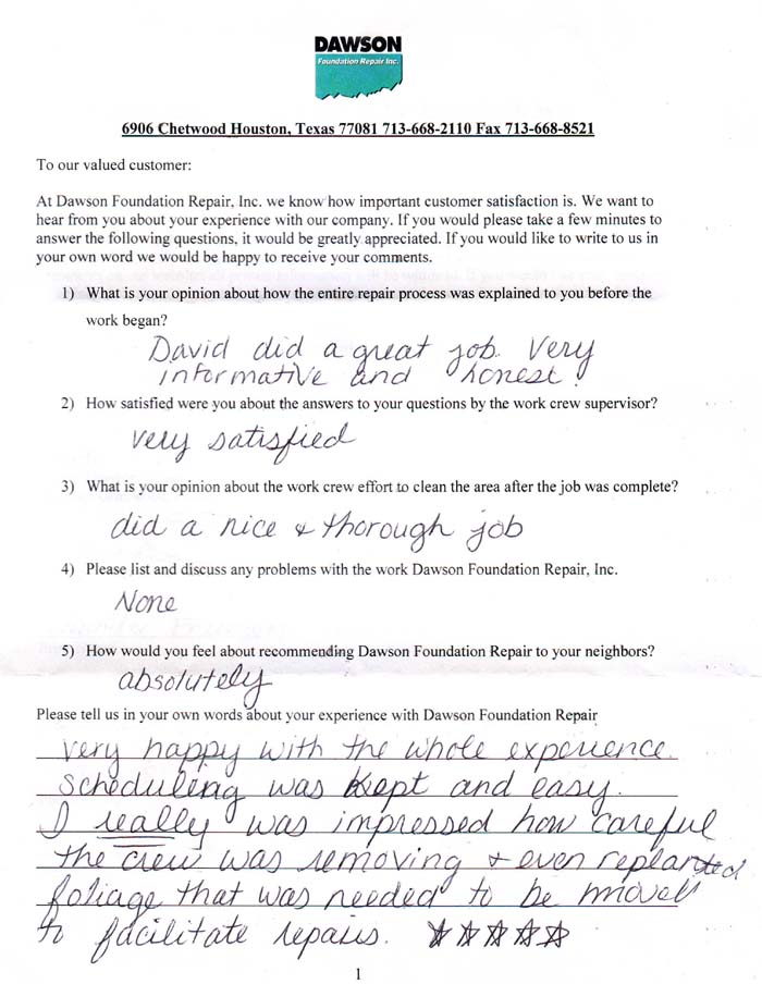 testimonial letter #390 in Houston for Dawson Foundation Repair