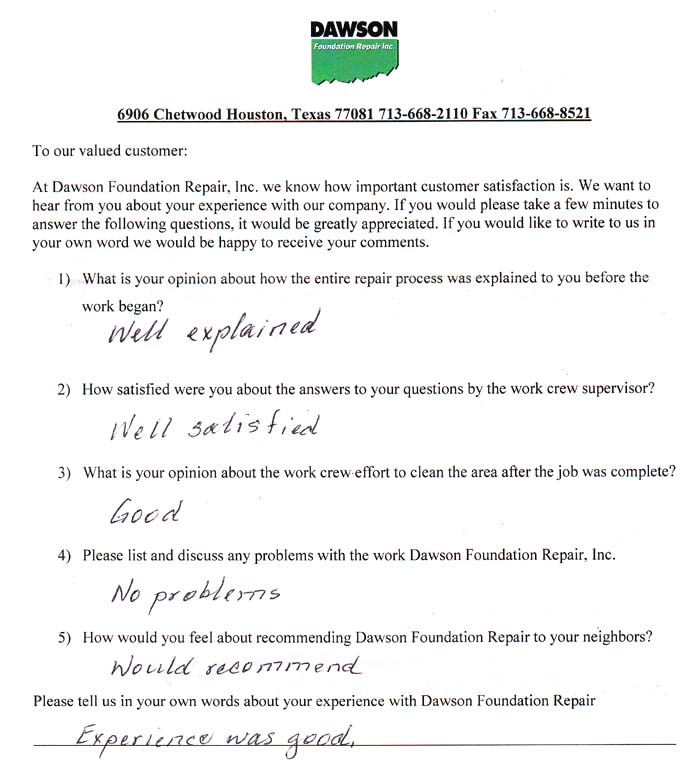 testimonial letter #394 in Houston for Dawson Foundation Repair