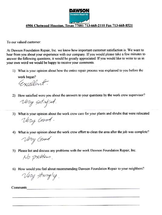testimonial letter #41 for Dawson Foundation Repair