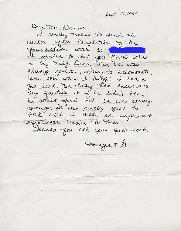 testimonial letter #5 for Dawson Foundation Repair