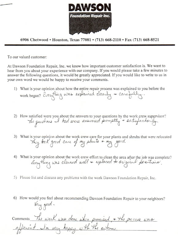 testimonial letter #50 for Dawson Foundation Repair