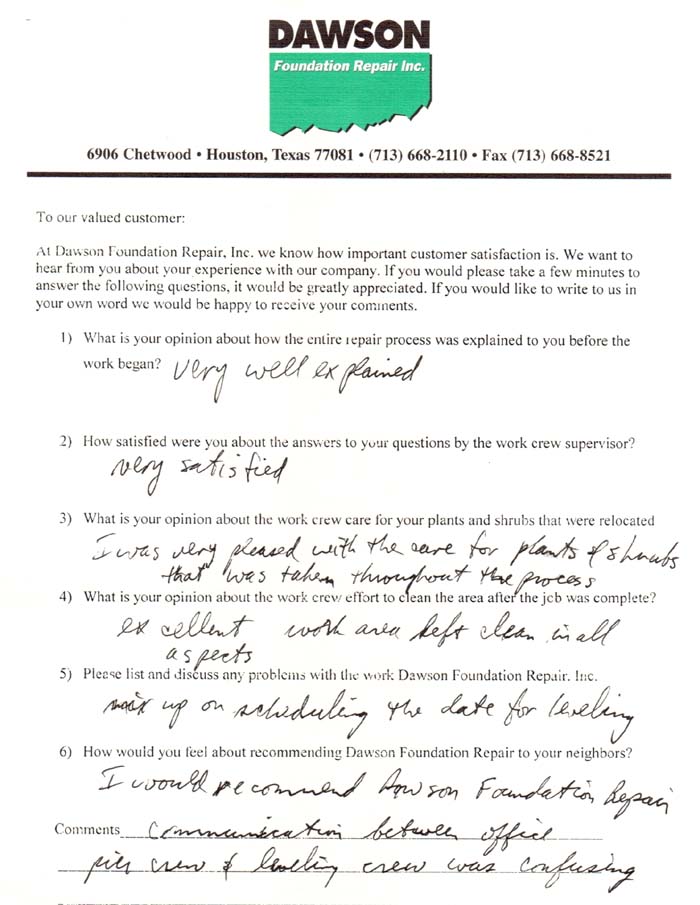 testimonial letter #52 for Dawson Foundation Repair