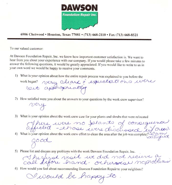 testimonial letter #53 for Dawson Foundation Repair
