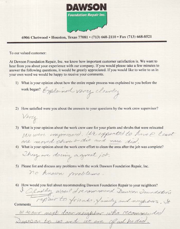 testimonial letter #54 for Dawson Foundation Repair