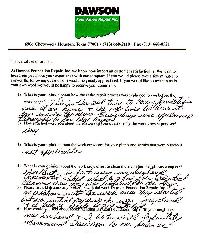 testimonial letter #55 for Dawson Foundation Repair