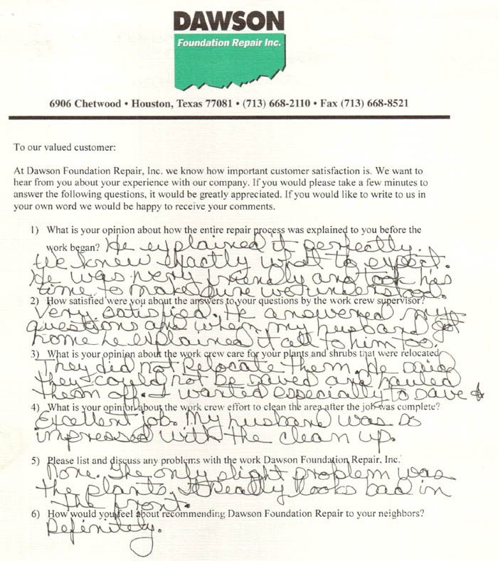 testimonial letter #57 for Dawson Foundation Repair