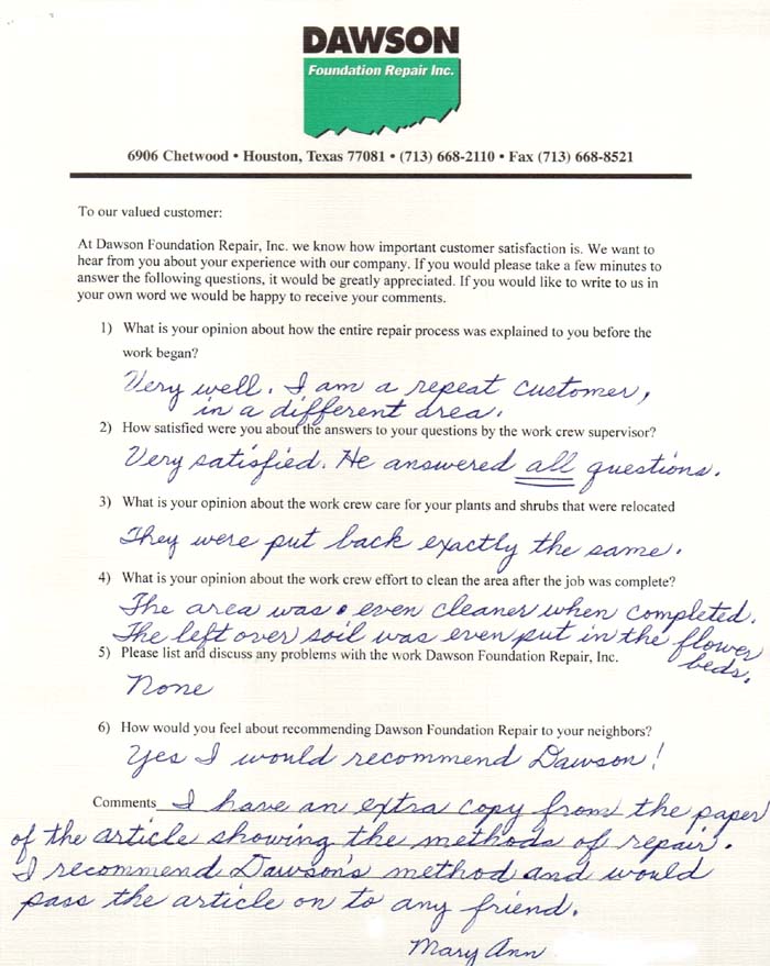 testimonial letter #61 for Dawson Foundation Repair